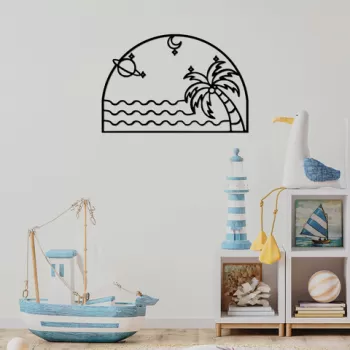 Decoratiune de perete, Palm Sea Moon, Metal, Dimensiune: 70 x 47 cm, Negru imagine