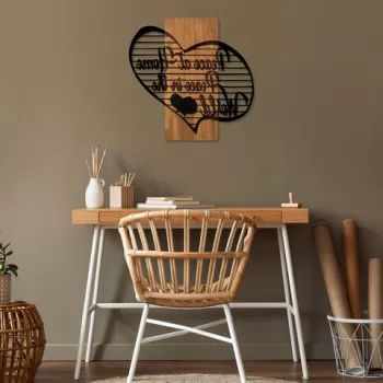 Decoratiune de perete, Peace At Home Peace in The World 1, 50% lemn/50% metal, Dimensiune: 59 x 58 cm, Nuc / Negru imagine