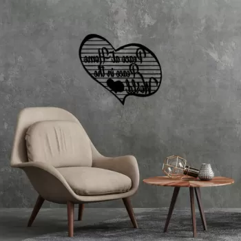 Decoratiune de perete, Peace At Home Peace in The World, Metal, Dimensiune: 68 x 58 cm, Negru imagine