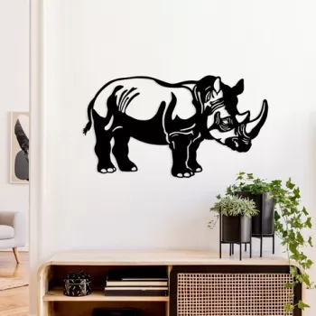 Decoratiune de perete, Rhino, Metal, 70 x 39 cm, Negru imagine