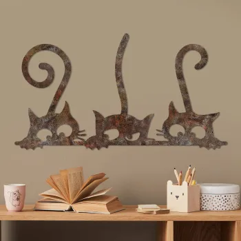 Decoratiune de perete, Rusty Cats 1, Dimensiune: 33 x 60 cm, Maro antichizat imagine