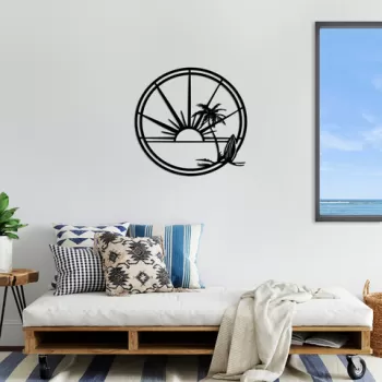 Decoratiune de perete, Sea Sand Sun Surf, Metal, Dimensiune: 69 x 67 cm, Negru imagine