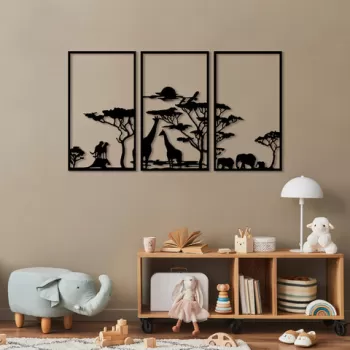 Decoratiune de perete, Serengeti, Metal, 40 x 69 cm, 3 piese, Negru imagine