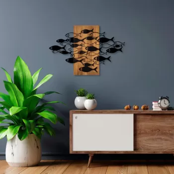 Decoratiune de perete, Shoal, 50% lemn/50% metal, Dimensiune: 88 x 58 cm, Nuc / Negru imagine