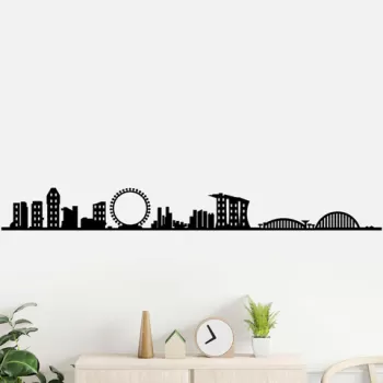 Decoratiune de perete, Singapore Skyline, Metal, Dimensiune: 125 x 14 cm, Negru imagine
