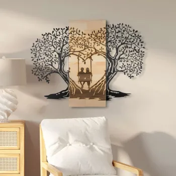 Decoratiune de perete, Sogno Forestale -1, Metal, Lemn (Grosime: 3 cm, Natural/Negru imagine