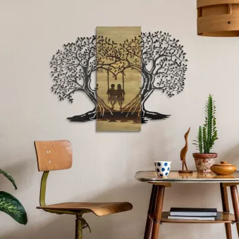 Decoratiune de perete, Sogno Forestale -2, Metal, Lemn (Grosime: 3 cm, Verde/Negru imagine