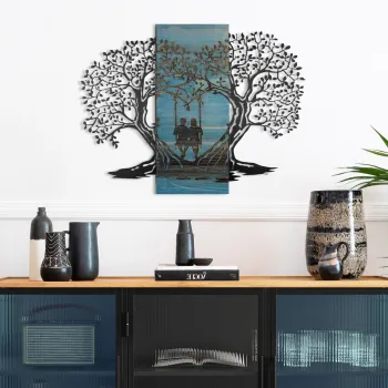 Decoratiune de perete, Sogno Forestale -3, Metal, Lemn (Grosime: 3 cm, Albastru/Negru imagine