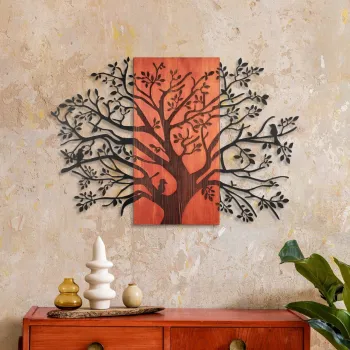Decoratiune de perete, Sombra del Bosque -4, Metal, Lemn (Grosime: 3 cm, Rosu/Negru imagine