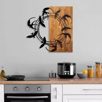 Decoratiune de perete, Spiral Birds 1, Lemn/metal, Dimensiune: 58 x 58 cm, Nuc / Negru imagine
