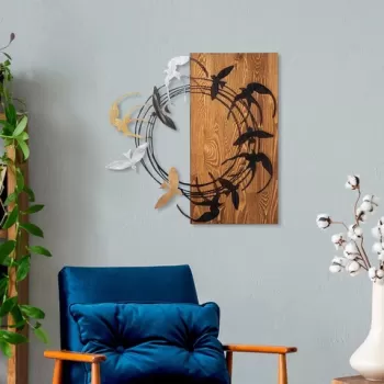 Decoratiune de perete, Spiral Birds 2, Lemn/metal, Dimensiune: 58 x 58 cm, Nuc / Negru imagine