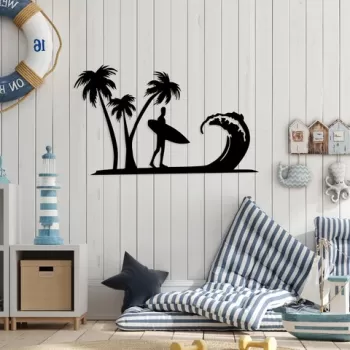 Decoratiune de perete, Surfer, Metal, 70 x 41 cm, Negru imagine
