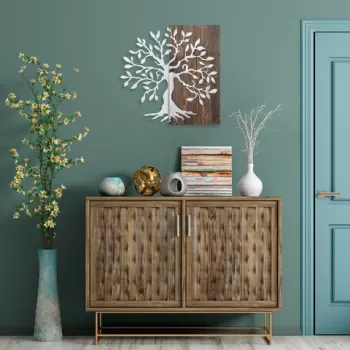 Decoratiune de perete, Tree, 50% lemn/50% metal, Dimensiune: 58 x 58 cm, Nuc / Argint imagine