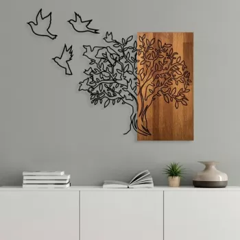 Decoratiune de perete, Tree And Birds 1, Lemn/metal, Dimensiune: 61 x 58 cm, Nuc / Negru imagine