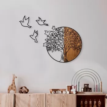 Decoratiune de perete, Tree And Birds 2, Lemn/metal, Dimensiune: 60 x 56 cm, Nuc / Negru imagine