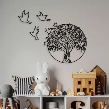 Decoratiune de perete, Tree And Birds 3, Metal, Dimensiune: 61 x 56 cm, Negru imagine