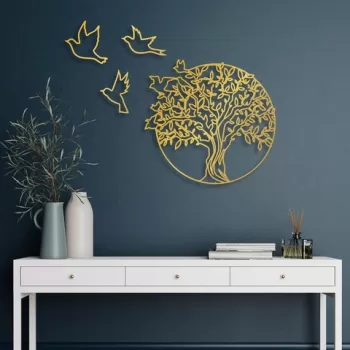 Decoratiune de perete, Tree And Birds 4, Metal, Dimensiune: 61 x 56 cm, Auriu imagine