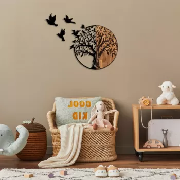 Decoratiune de perete, Tree And Birds, 50% lemn/50% metal, 92 x 3 x 71 cm, Nuc negru imagine