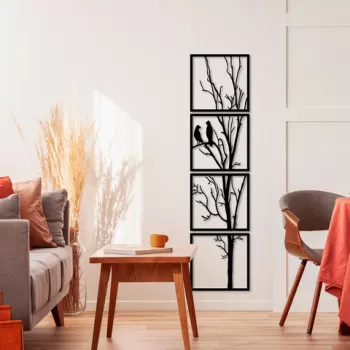 Decoratiune de perete, Tree And Birds B, Metal, 44 x 44 cm, 4 piese, Negru imagine