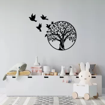 Decoratiune de perete, Tree And Birds, Metal, Dimensiune: 61 x 56 cm, Negru imagine