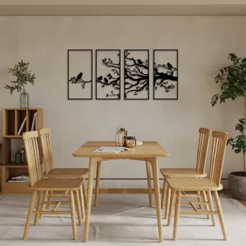 Decoratiune de perete, Tree Branch And Birds, Metal, 34 x 70 cm, 4 piese, Negru imagine