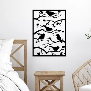 Decoratiune de perete, Tree Branch Birds, Metal, Dimensiune: 47 x 66 cm, Negru imagine