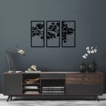 Decoratiune de perete, Tree Branch, Metal, 34 x 67 cm, 3 piese, Negru imagine