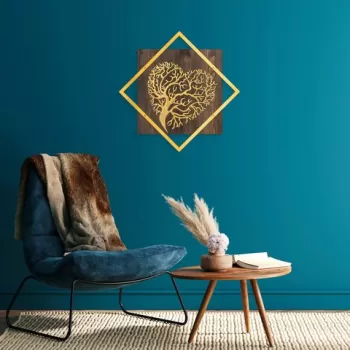 Decoratiune de perete, Tree v3, 50% lemn/50% metal, Dimensiune: 54 x 54 cm, Nuc / Aur imagine