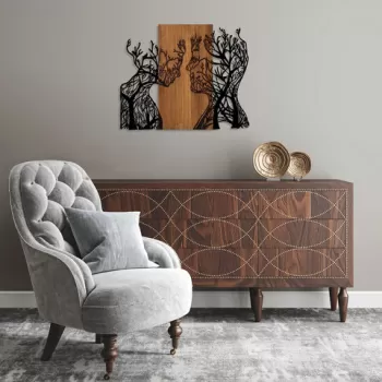 Decoratiune de perete, Tree Woman And Man, 50% lemn/50% metal, Dimensiune: 70 x 58 cm, Nuc / Negru imagine
