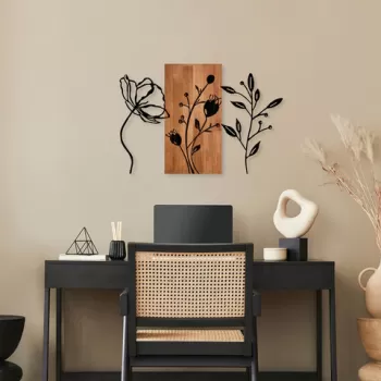 Decoratiune de perete, Triple Flowers, Lemn/metal, Dimensiune: 86 x 58 cm, Nuc / Negru imagine