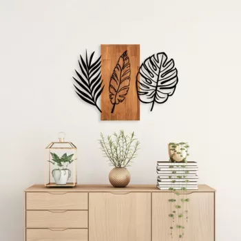 Decoratiune de perete, Triple Leaves, Lemn/metal, Dimensiune: 80 x 58 cm, Nuc / Negru imagine