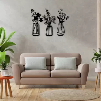 Decoratiune de perete, Vase, Metal, 10 x 40 cm, 3 piese, Negru imagine