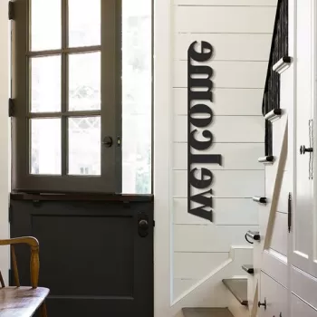 Decoratiune de perete, Welcome, Otel, 18 x 98 cm, Negru imagine