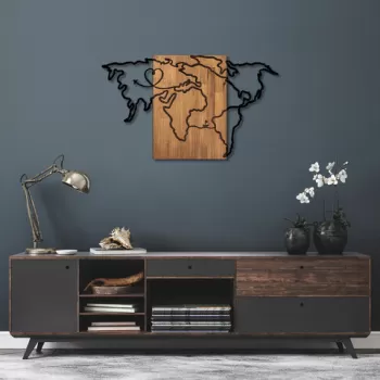 Decoratiune de perete, Wold Map, 50% lemn/50% metal, Dimensiune: 118 x 3 x 70 cm, Nuc negru imagine