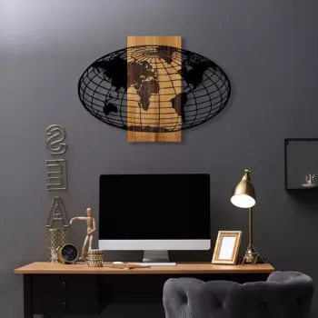Decoratiune de perete, Wold Map, 50% lemn/50% metal, Dimensiune: 87 x 3 x 58 cm, Nuc negru imagine