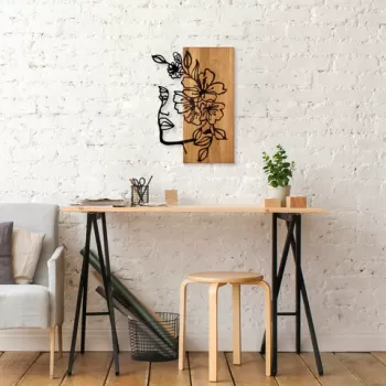 Decoratiune de perete, Woman Floral Face, Lemn/metal, Dimensiune: 41 x 58 cm, Nuc / Negru imagine