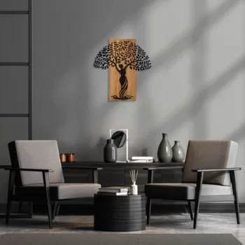 Decoratiune de perete, Woman Tree 3, 50% lemn/50% metal, Dimensiune: 54 x 58 cm, Nuc / Negru imagine