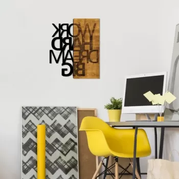 Decoratiune de perete, Work Hard Dream Big, 50% lemn/50% metal, Dimensiune: 48 x 58 cm, Nuc / Negru imagine