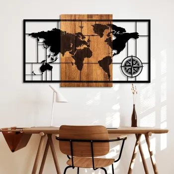 Decoratiune de perete, World Map 1-L, Dimensiuni: 70 x 121 cm, Nuc / Negru imagine