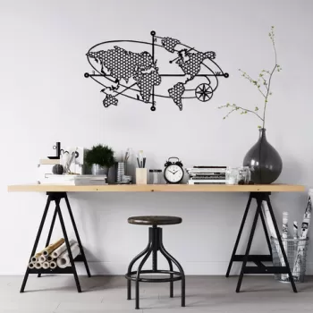 Decoratiune de perete, World Map 1, Metal, 70 x 39 cm, Negru imagine