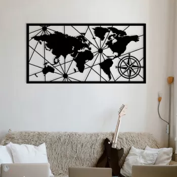 Decoratiune de perete, World Map 11, Metal, Dimensiune: 120 x 60 cm, Negru imagine