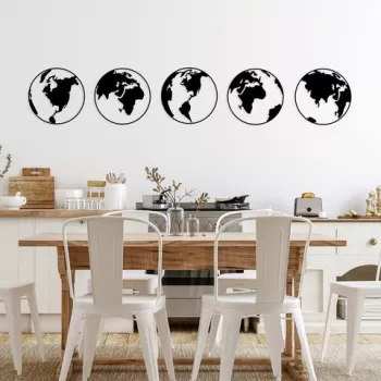 Decoratiune de perete, World Map 2, Metal, 50 x 50 cm, 5 piese, Negru imagine