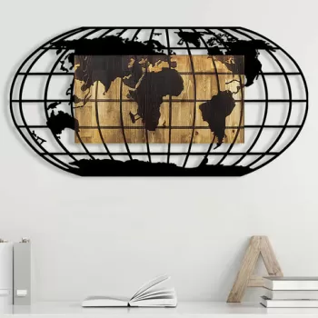 Decoratiune de perete, World Map 2, Metal/lemn, 102 x 3 x 50 cm, Nuc / Negru imagine