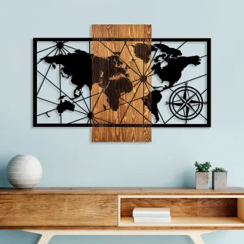 Decoratiune de perete, World Map 3-M, Dimensiuni: 57 x 84 cm, Nuc / Negru imagine