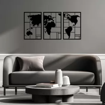 Decoratiune de perete, World Map 3, Metal, 48 x 74 cm, 3 piese, Negru imagine