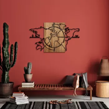 Decoratiune de perete, World Map, 50% lemn/50% metal, Dimensiune: 118 x 3 x 70 cm, Nuc negru imagine