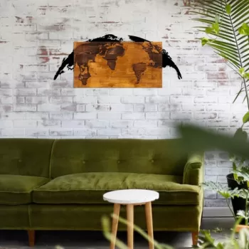 Decoratiune de perete, World Map, 50% lemn/50% metal, Dimensiune: 83 x 35 cm, Nuc / Negru imagine