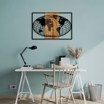 Decoratiune de perete, World Map, 50% lemn/50% metal, Dimensiune: 87 x 3 x 58 cm, Nuc negru imagine