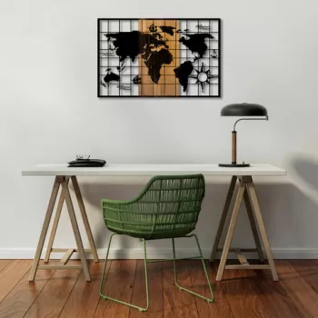 Decoratiune de perete, World Map, 50% lemn/50% metal, Dimensiune: 90 x 3 x 58 cm, Nuc negru imagine