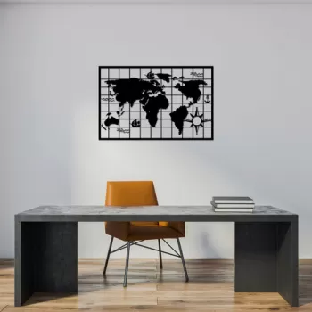 Decoratiune de perete, World Map 7, Metal, 90 x 58 cm, Negru imagine